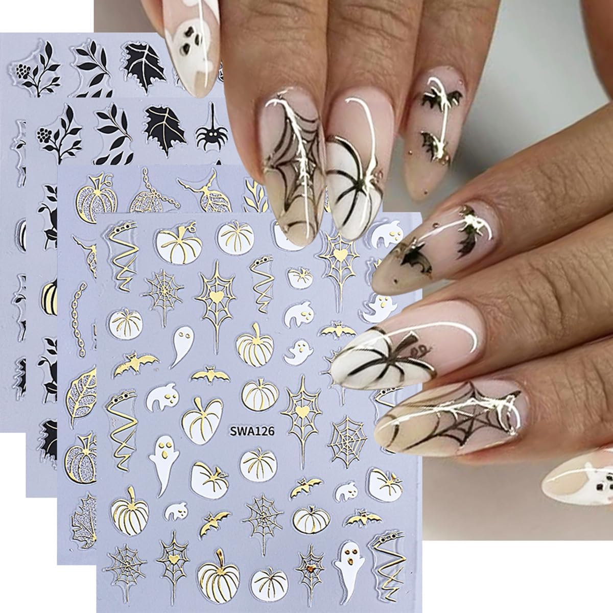 Halloween Pumpkin Nail Art Stickers Decals Fall Maple Leaf Nail Decals 4PCS Ghost Spider Web Bat Fall Leaves Halloween Nails Design 3D Self-Adhesive Nail Stickers for Women DIY Nail Art Decorations