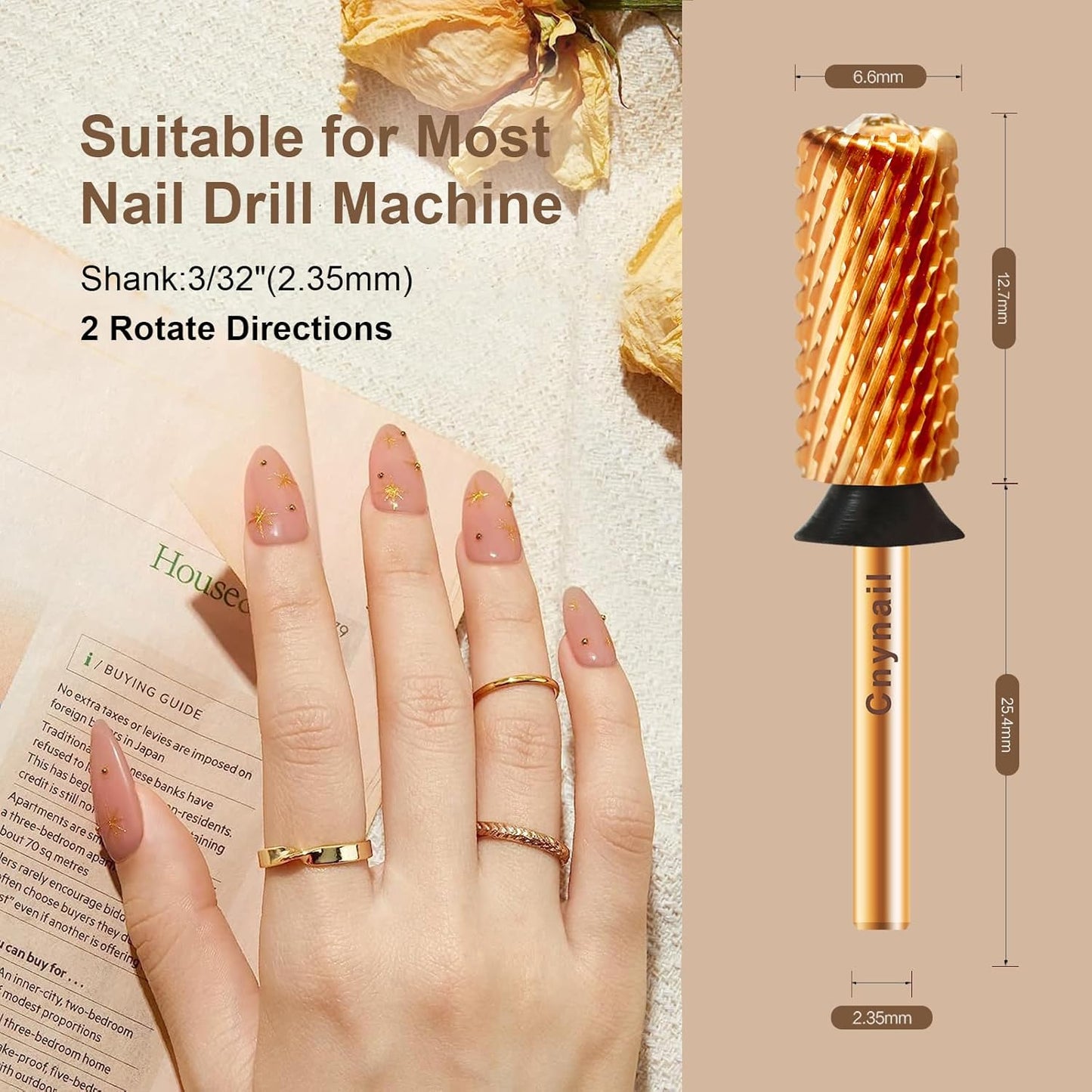 3/32" Large Barrel Crystal Top Tungsten Carbide Nail Drill Bit Safety Bit for Gel & Acrylic Removal, 2-Way Rotating Efile Tip, Salon Electric File Accessory (XC Grit, Ti-Gold)