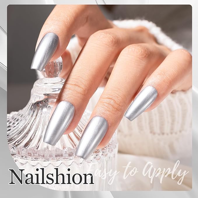 Metallic Silver Nail Polish with Base Top Coat, 3 IN 1 Nail Strengthener Quick Dry Clear Nail Polish Duo, Opaque, Non-Gel, Vegan, Liquid Silver Glossy Chrome Nails Art Gift for Women Girls