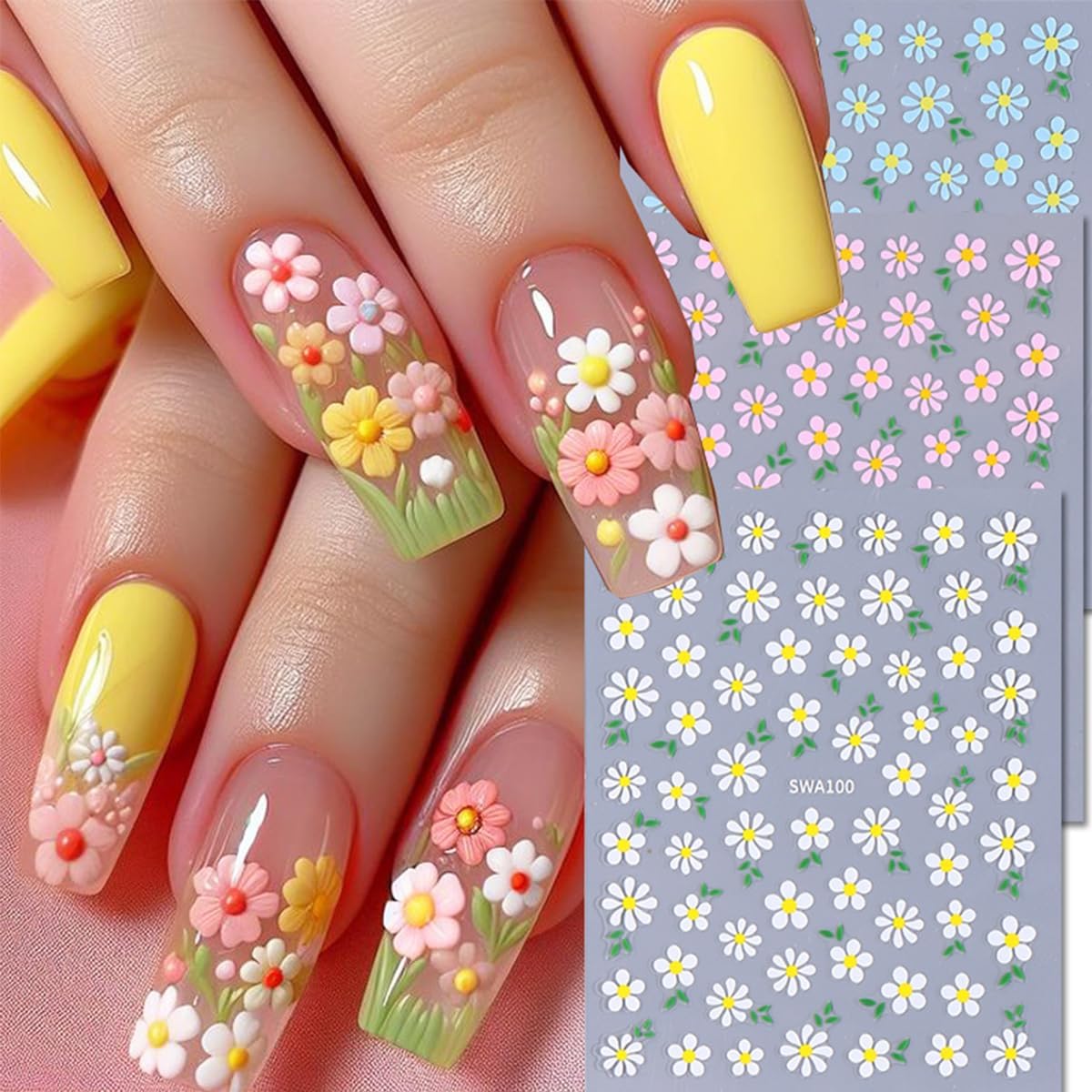 6 Sheets Flower Nail Stickers 3D Self-Adhesive Spring Floral Line Nail Decals for Acrylic Nails, Blue Pink White Flower Nail Art Stickers for Women DIY Nail Art Decoration Supplies