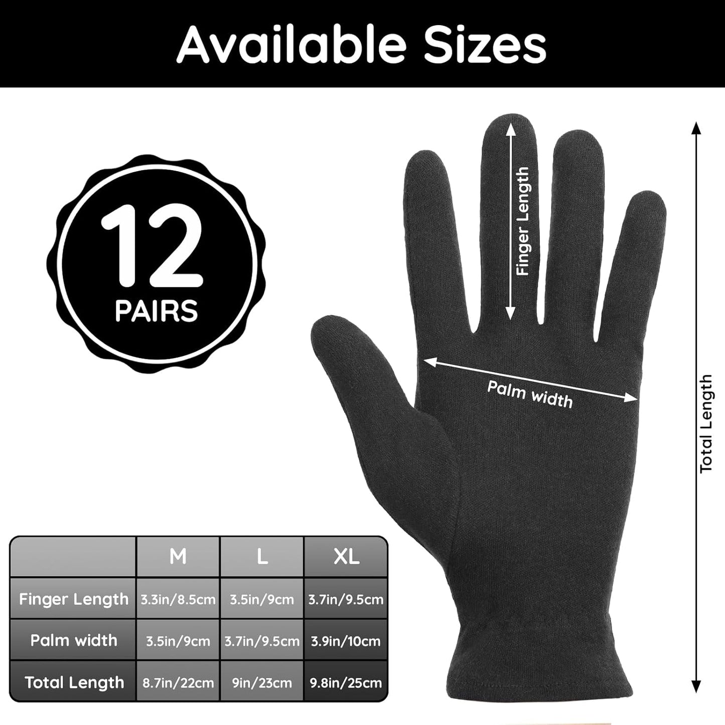 Segbeauty 24 Counts Elastic Black Cotton Gloves Work, 12 Pairs Moisture Lotion Cotton Gloves for Dry Hands Overnight with Elastic Band for Jewelry, At Home Spa Sleep Glove Soft Reusable Gel Glove Bulk