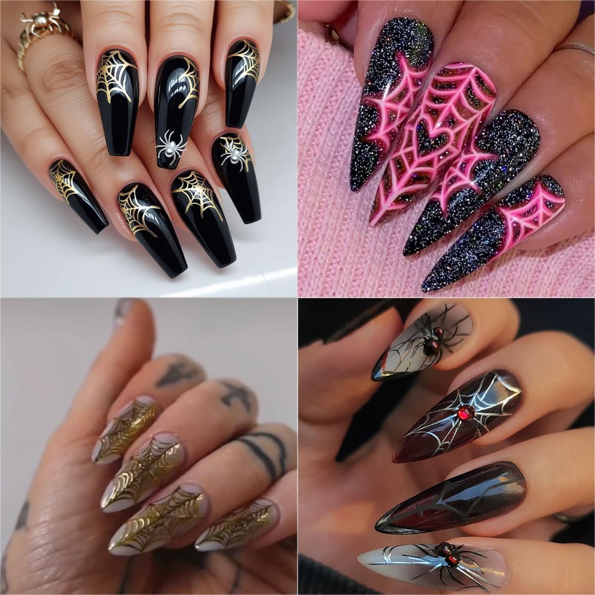 4 Sheets Spider Web Nail Stickers 3D Self-Adhesive Halloween Nail Art Stickers Laser White Silver Gold Spider Web with Rhinestones Horror Design Goth Nail Decals Nail Supplies for Women Acrylic Nail