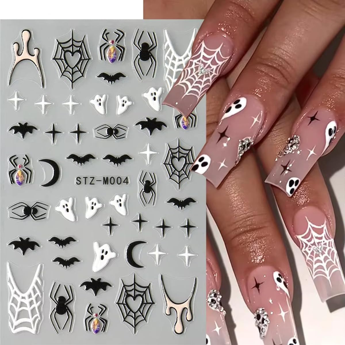 Halloween Nail Art Stickers Decals Halloween Spider Web Spider Nail Decals 3PCS Ghost Bat Skull Star Design 5D Engraved Nail Stickers Nail Art Supplies for Women Holoday DIY Manicure Nail Decorations