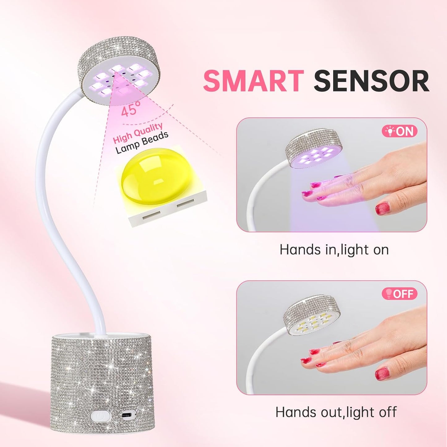 UV LED Nail Lamp, Mini UV Light for Gel Nails Polish, Rechargeable LED Flash Cure Nail Dryer, Quick Drying Goosenecks UV Nail Lamp for Home Nail Salon DIY Manicure, White Diamond