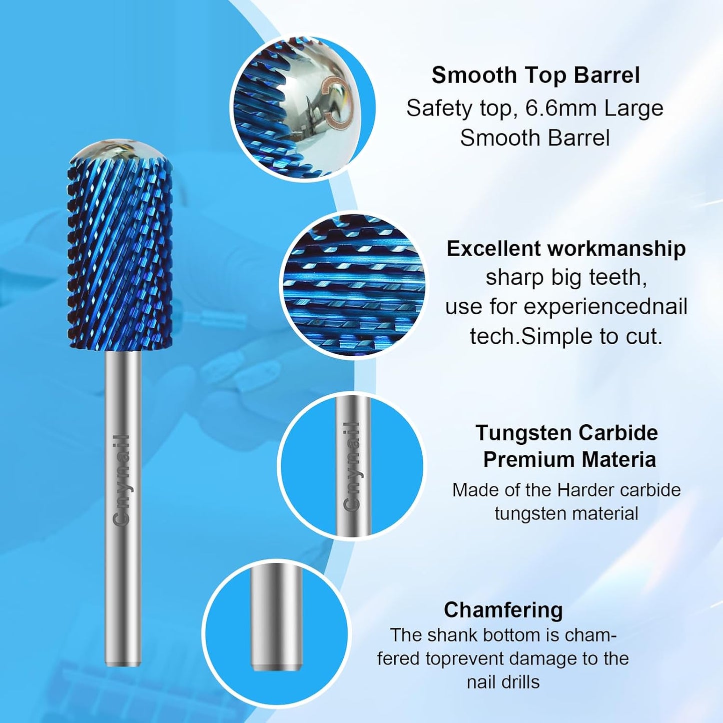 3/32" Large Barrel Smooth Round Top Tungsten Carbide Nail Drill Bit Safety Bit for Gel & Acrylic Removal, 2-Way Rotating Efile Tip, Salon Electric File Accessory (C Grit, Blue)