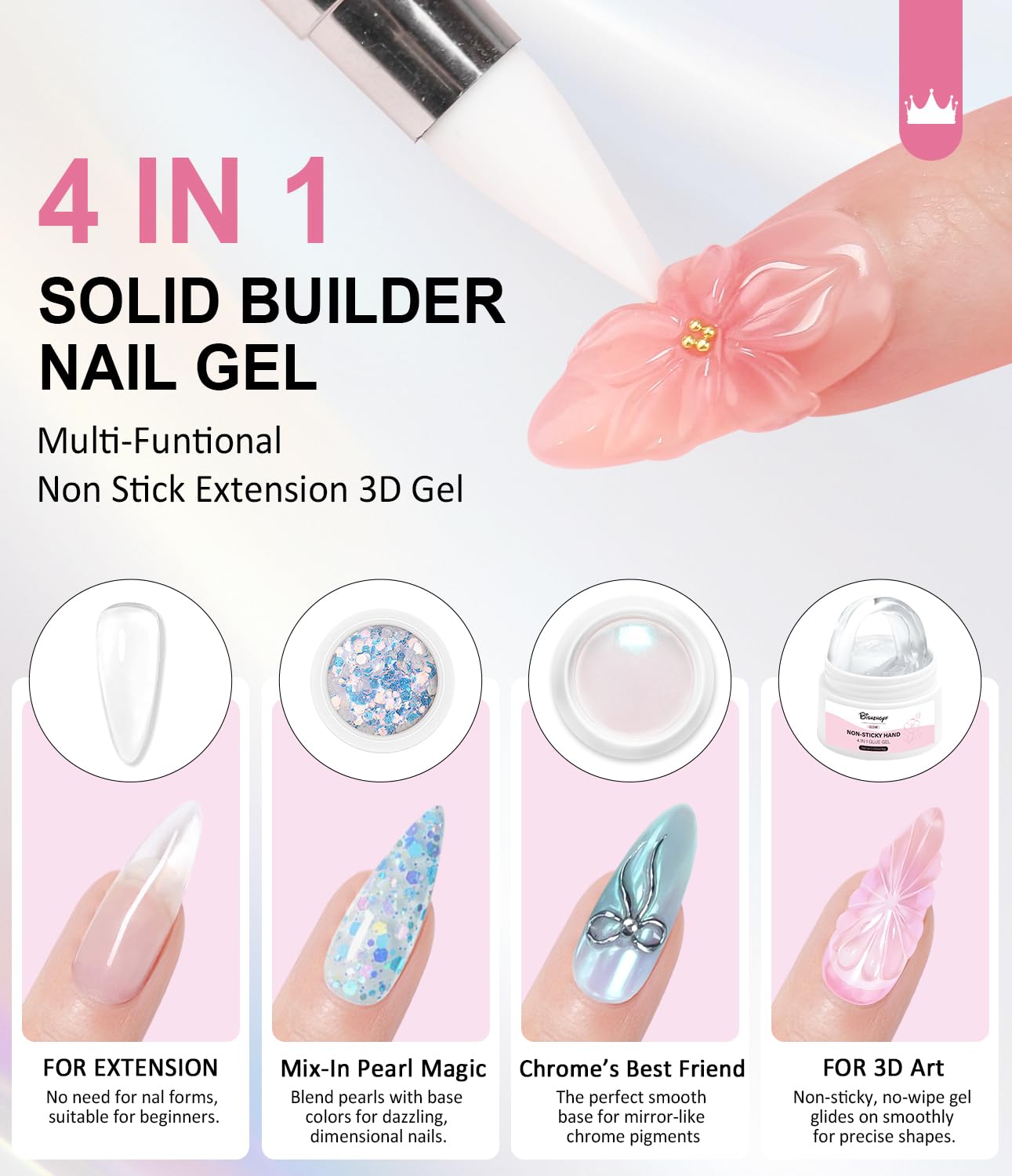 Solid Builder Gel and Chrome Nail Powder Kit BISHENGYF: 60g 4 In 1 No Wipe 3d Sculpting Nail Gel Aurora Pink White Pearl Chrome Nail Powder Clear Non-Sticky Hand Extension Glue for Nail Decoration
