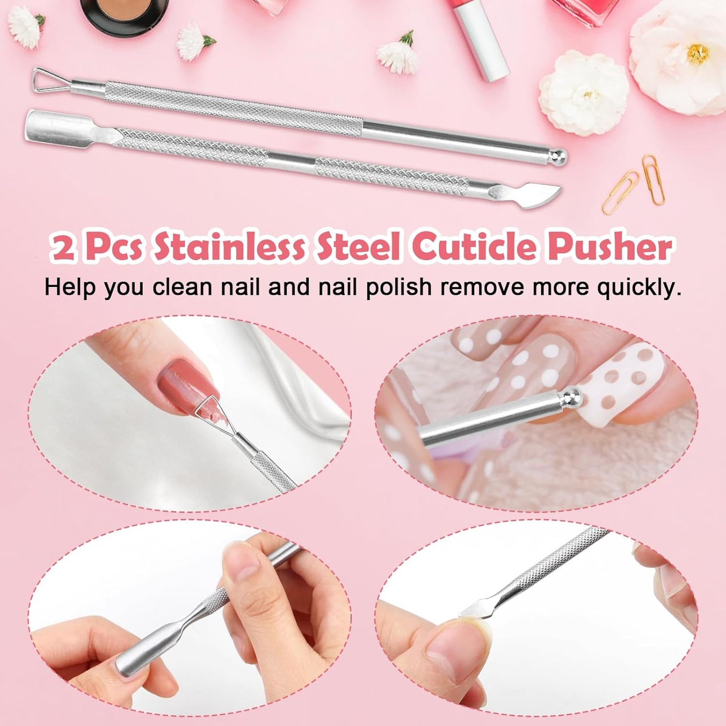 1080 + 3 Pcs Lint Free Nail Wipes Kit, Disposable Nail Polish Remover Pads Non-Woven Nails Eyelash Extensions Wipes, Nail Polish Remover Wipes with 200 ML Bottle, 2 Pcs Cuticle Pusher (Pink)