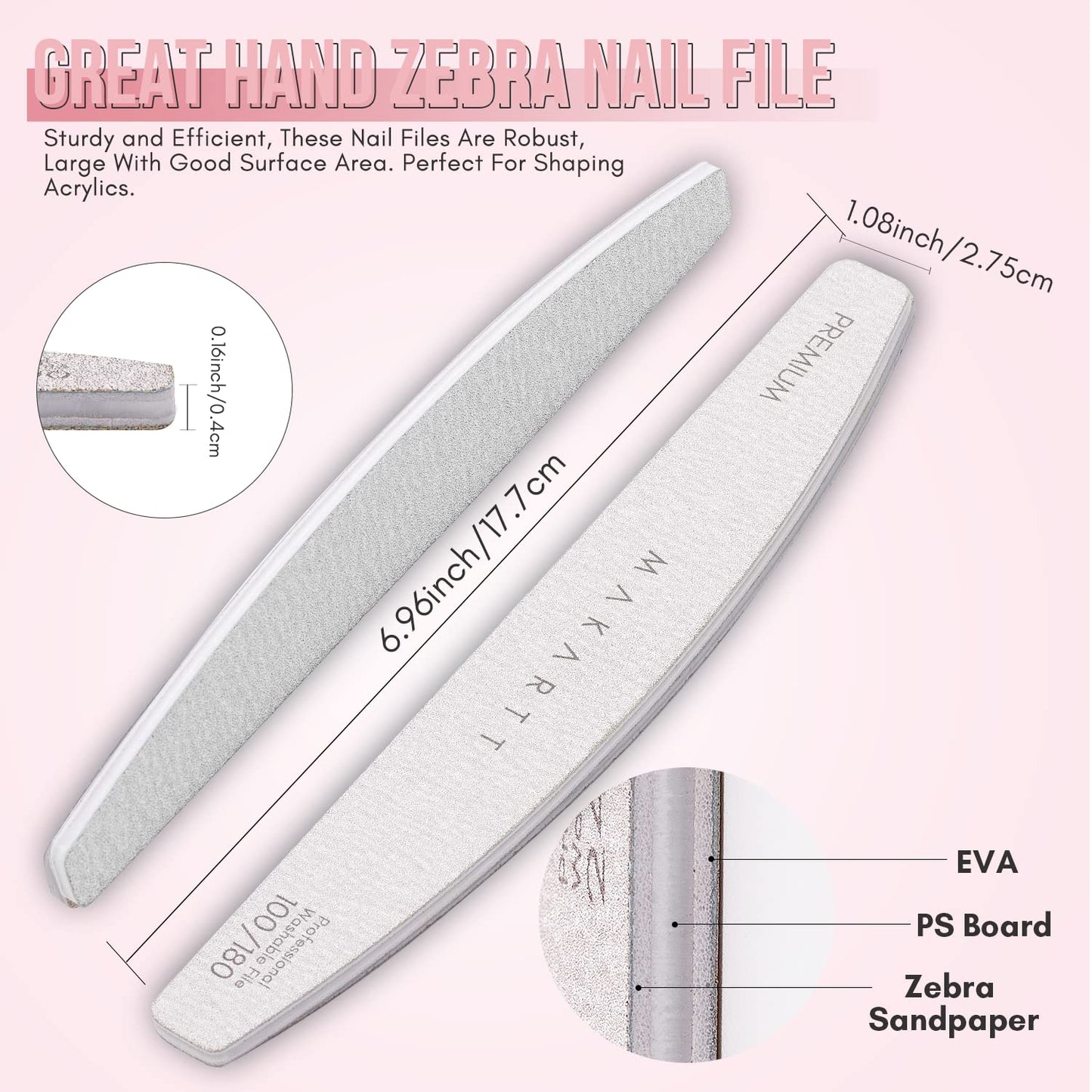 Makartt Nail File: 100/100 Grit Emery Boards for Nails, Doubled Sides Washable 10pcs Zebra Coarse Filer Kit for Shaping Acrylic and Extension Gel, Pedicure Manicure Tools Salon Home Use