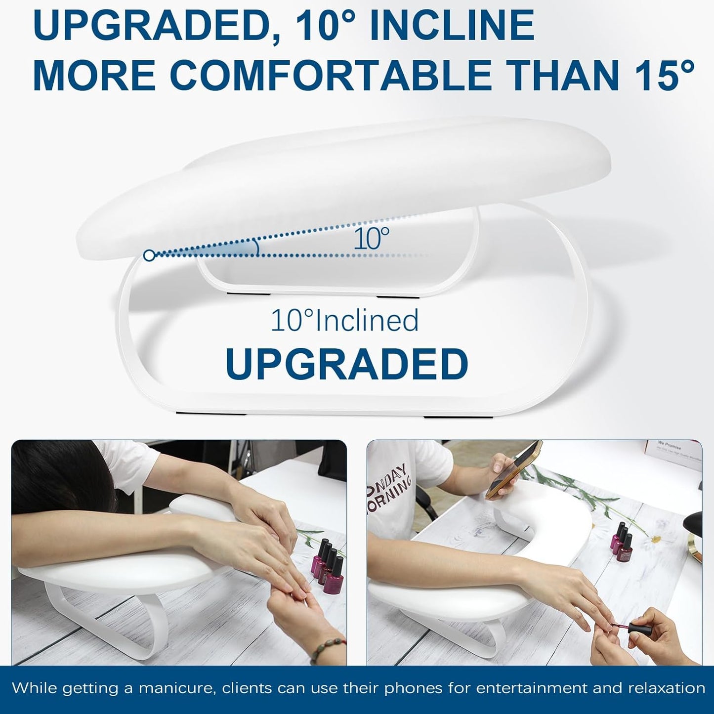 Arm Rest for Nails Tech Upgraded 10° Inclined, U-Shaped Manicure Nail Arm Rest Stand, Nail Armrest for Nail Tech Hand Rests, White