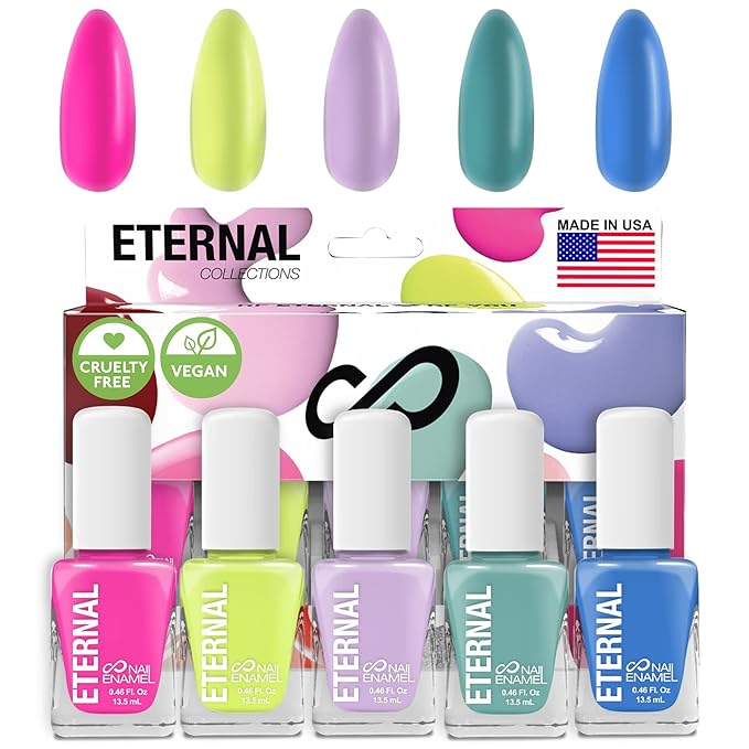 Eternal Pink Nail Polish Set for Women (FUN) - Green Nail Polish Set for Girls - Long Lasting & Quick Dry Blue Nail Polish Kit for Home DIY Manicure & Pedicure - Made in USA, 13.5mL (Set of 5)