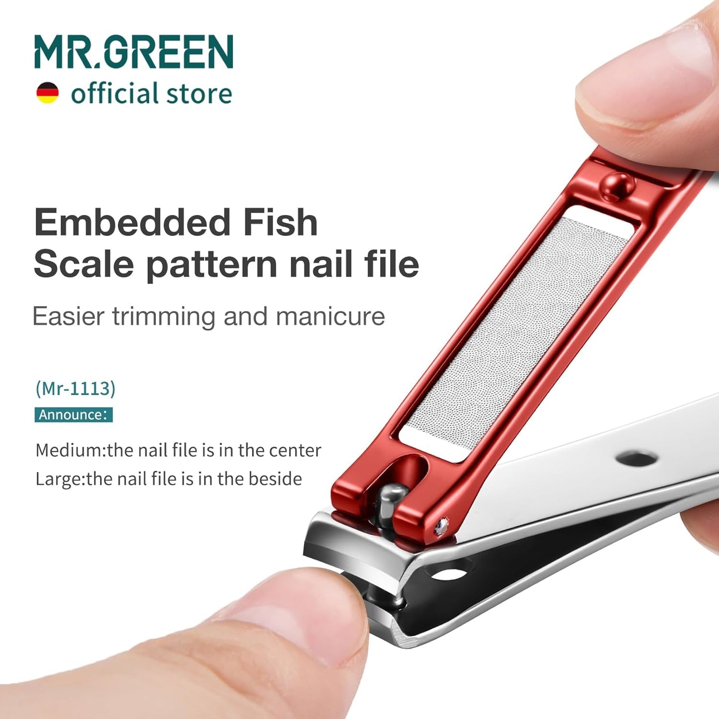 MR.GREEN Nail Clippers Curved Blades Fingernail Cutter Nippers Manicure Scissors Stainless Steel Pedicure Tools with Nail Flies (Medium-Red+Glass File)