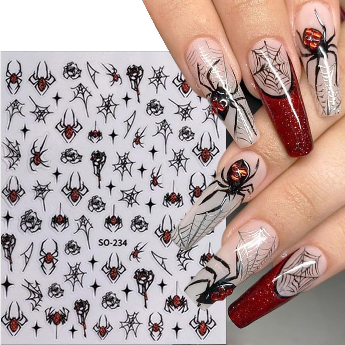 8 Sheets Halloween Nail Stickers Black Red Silver Spider Web Nails Art Stickers Decals 3D Self-Adhesive Cute Ghost Pumpkin Spider Skeleton Nail Decals for Women DIY Manicure Party Nails Decorations