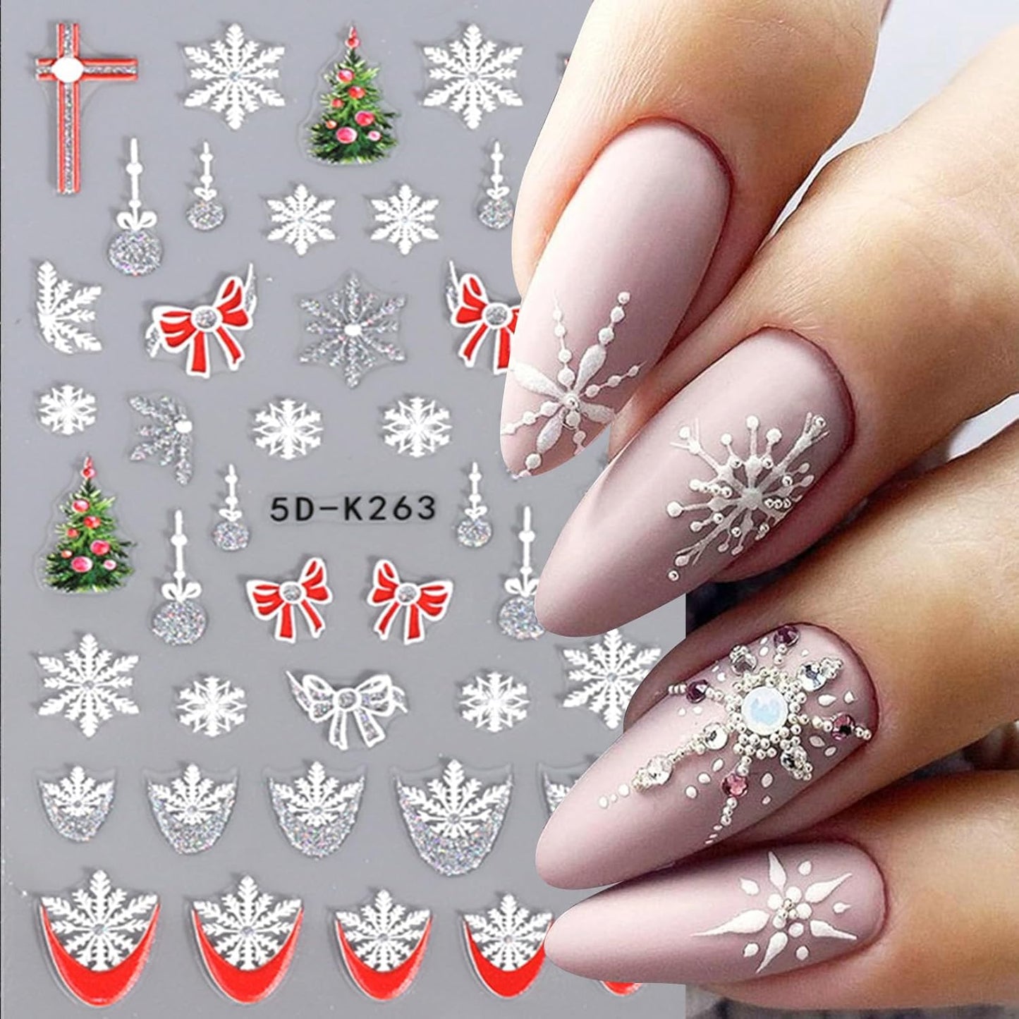 5D Christmas Nail Art Stickers Glitter Snowflakes Nail Decals Red Bells Christmas Tree French Nail Design Self Adhesive Stickers for Women Girls DIY Nail Art Decoration (Gold Silver)