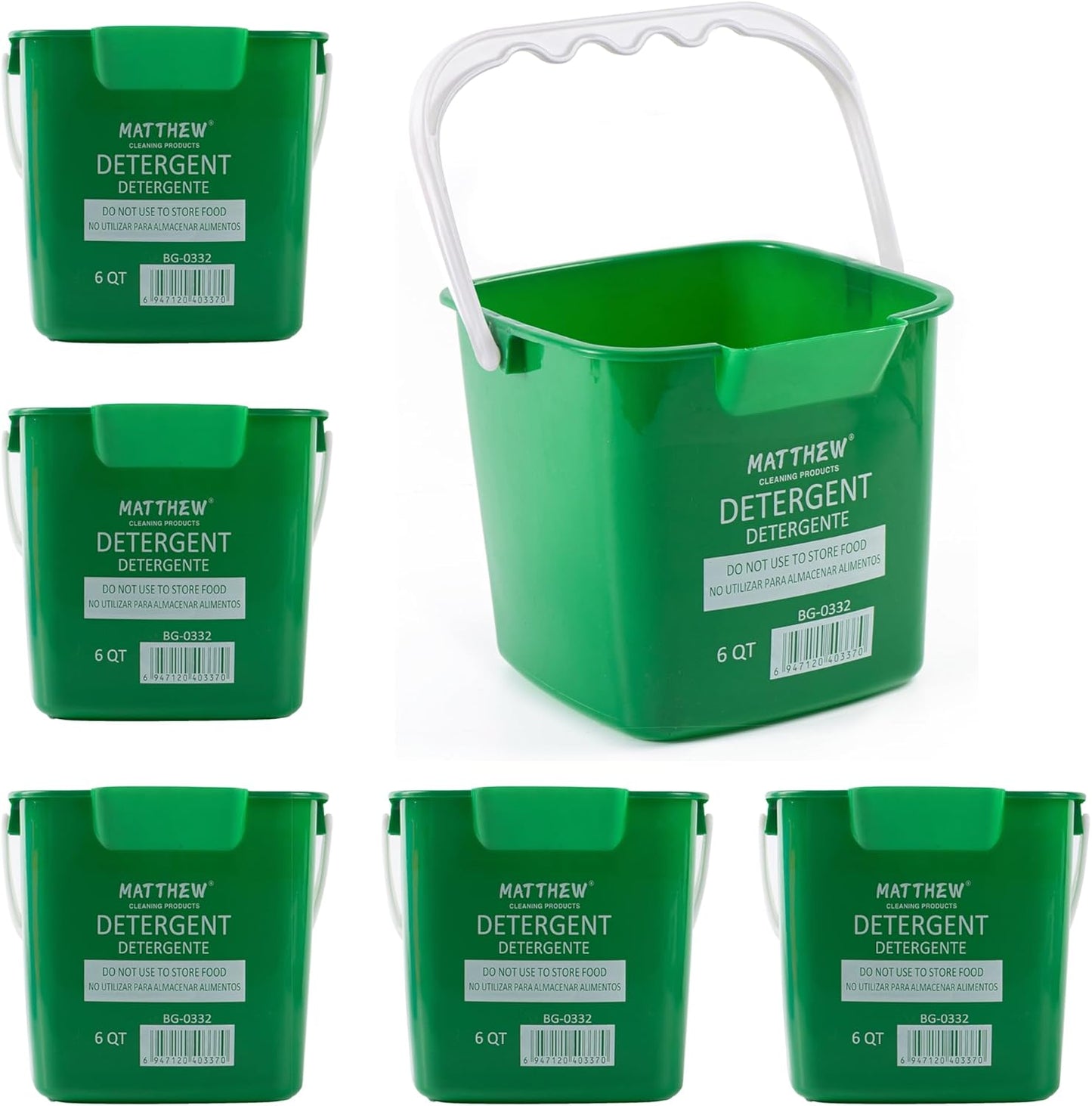 Matthew Detergent and Sanitizing Cleaning Bucket 6 Quart Plastic Pail,Set of 6 Square Containers,Built-in Spout w/Handle,Wash Rinse Sanitize Handwash Bucket for Home Office Commercial (Green)