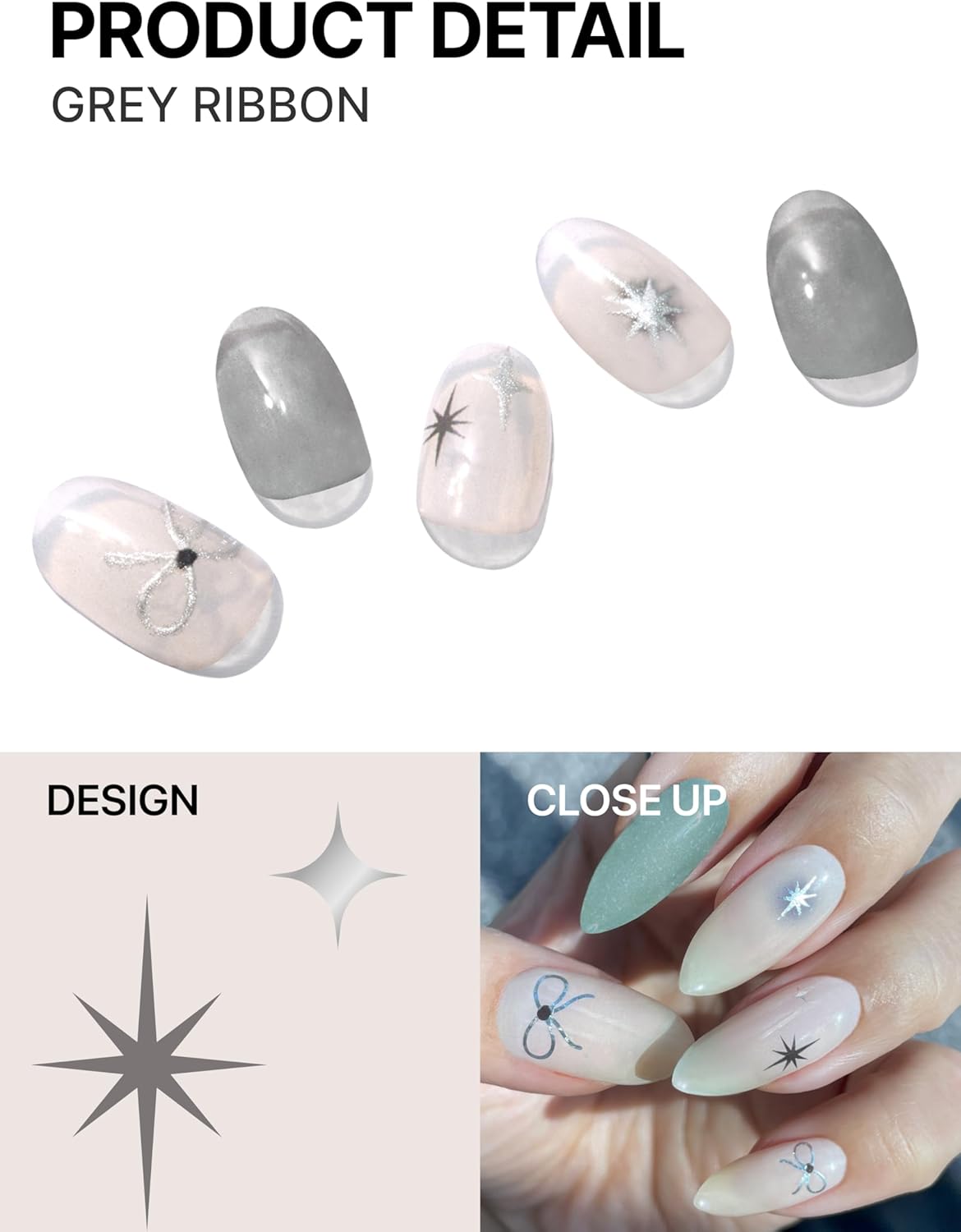 UUUUUU Semi Cured Gel Nail Strips | Salon-Quality | UV Free Gel Nail Wraps for Women | Easy Peel&Stick | Long-Lasting up to 14 Days | 28 Strips Set+File & Wipes | Gift-Ready(UGN146 Grey Ribbon)