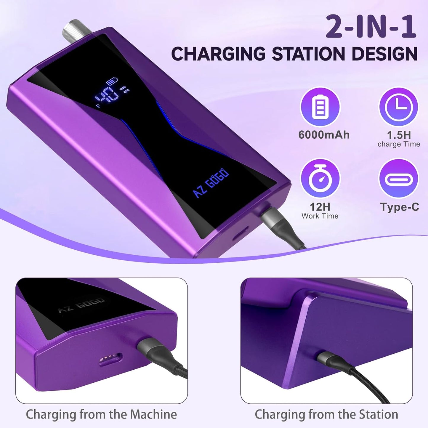 Professional Brushless Nail Drill, AZ GOGO 85W Cordless Electric Nail File 40000RPM Rechargeable Portable Nail Drill Machine for Gel Acrylic Nails, High Torque Quieter for Salon Nails Art (Purple)