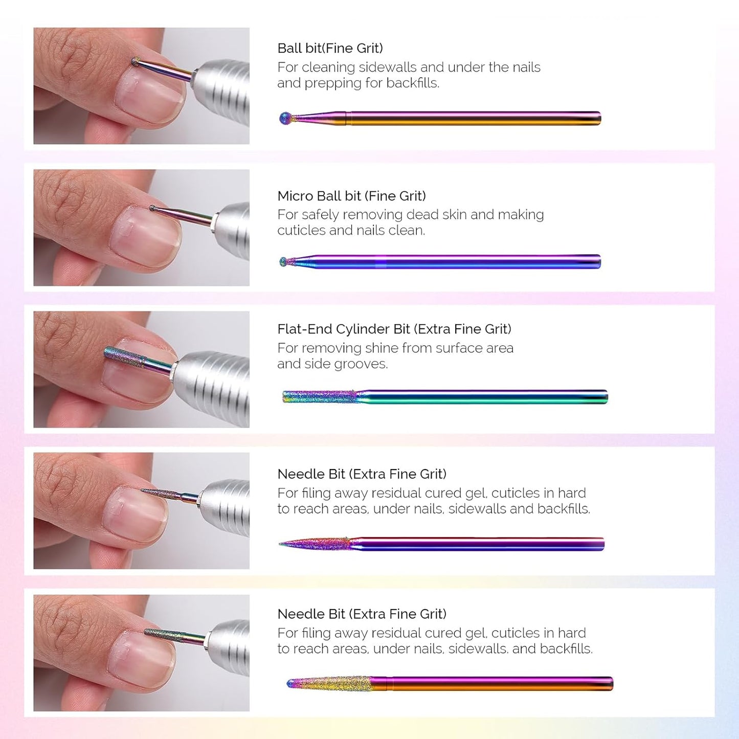 MelodySusie 10pcs Nail Drill Kit, 3/32 Inch Diamond Cuticle Bits, Manicure Pedicure Remover Tools, Salon Home Nail Care Supplies, Rainbow
