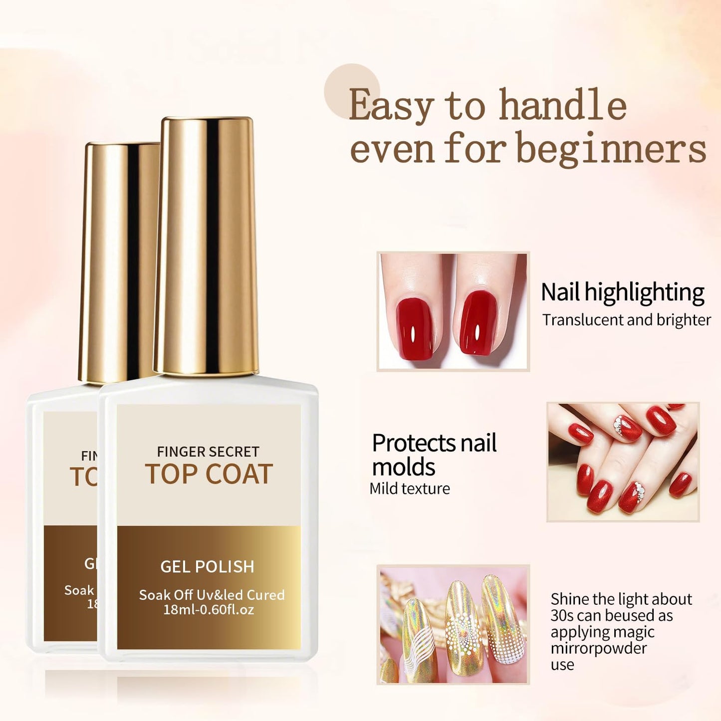 18ml/0.60floz Top Coat for Gel Nail Polish,Quick Dry Clear Nail Polish,Nail Supplies for DIY in Salon or Home Use.