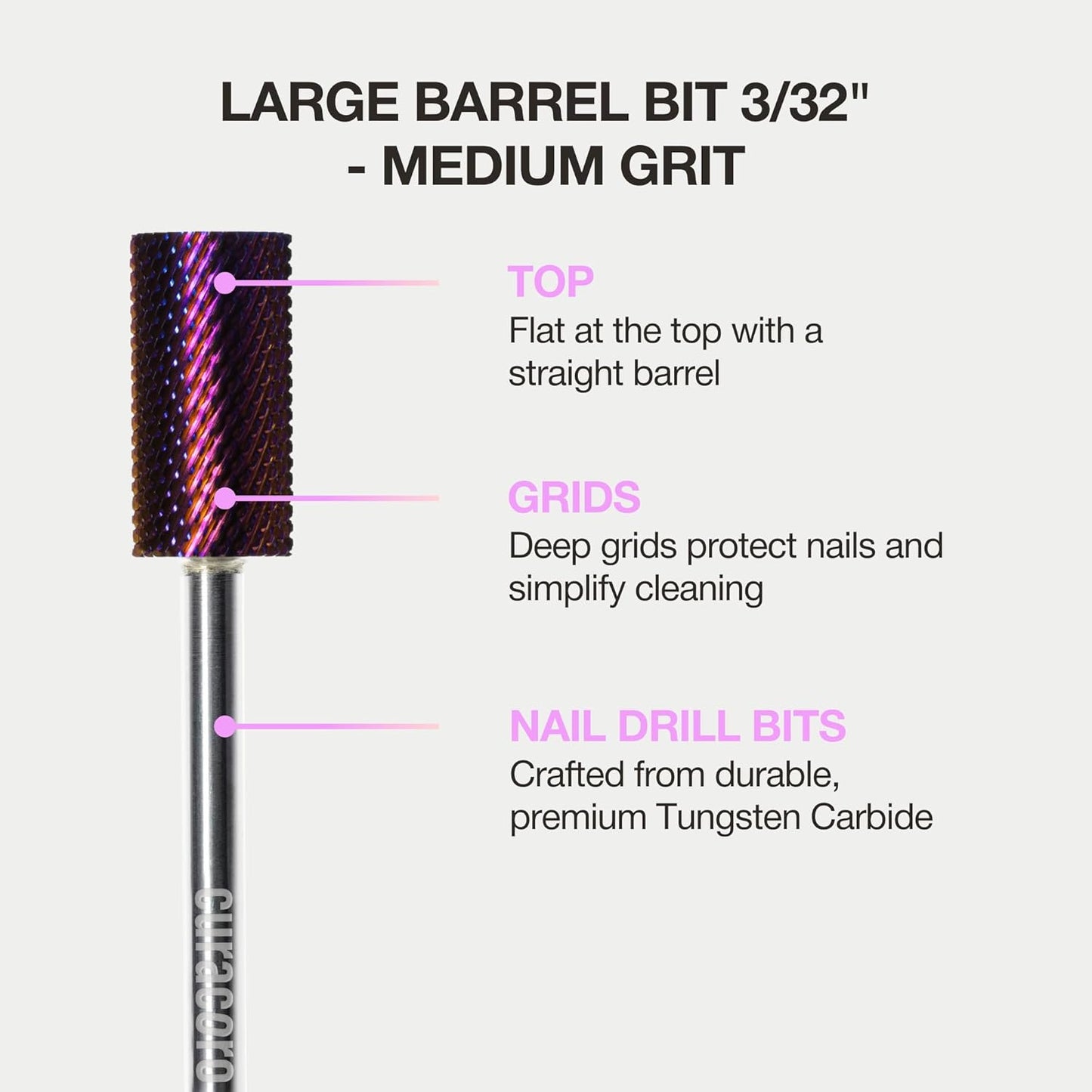 Curacoro Nail Drill Bits 3/32'' - Safe Smooth Stop Large Barrel Carbide Bit (Medium) for Professional Finish, Fast Remove, Refine & Smooth Acrylic or Gel Nails, Nail Art Pedicure Manicure Salon & Home