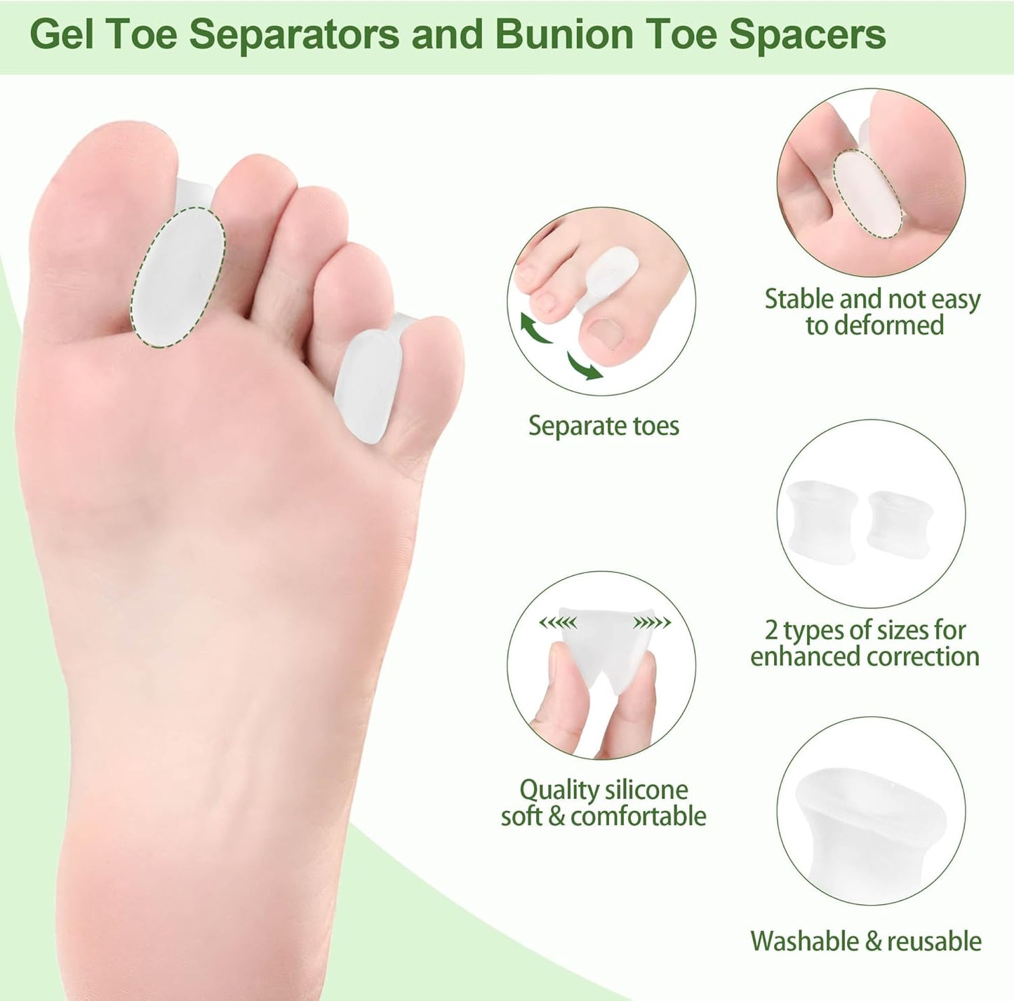 FOYOLO Gel Toe Separators and Flared Bunion Spacers 8PCS Temporary Bunion Corrector,Toes Splint Gel Toe Spacers for Overlapping Toe and Curled Toes,Stay in Place-(2 Small & 6 Large Size-Clear)