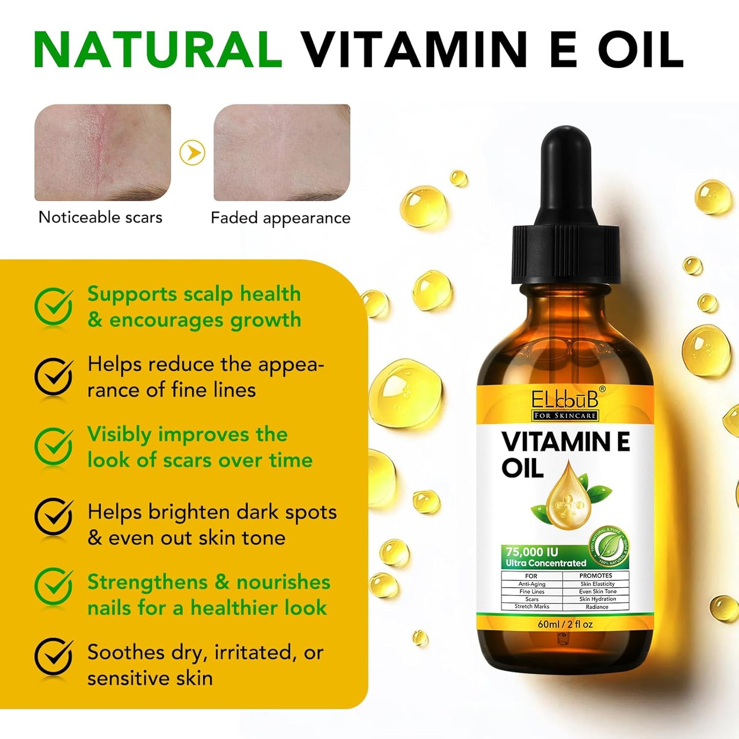 ELBBUB Vitamin E Oil - 75,000 IU Ultra Concentrated - Moisturizes, Fades Scars & Stretch Marks, Anti-Aging & Skin Hydration - for Face, Body, Hair, and Nails