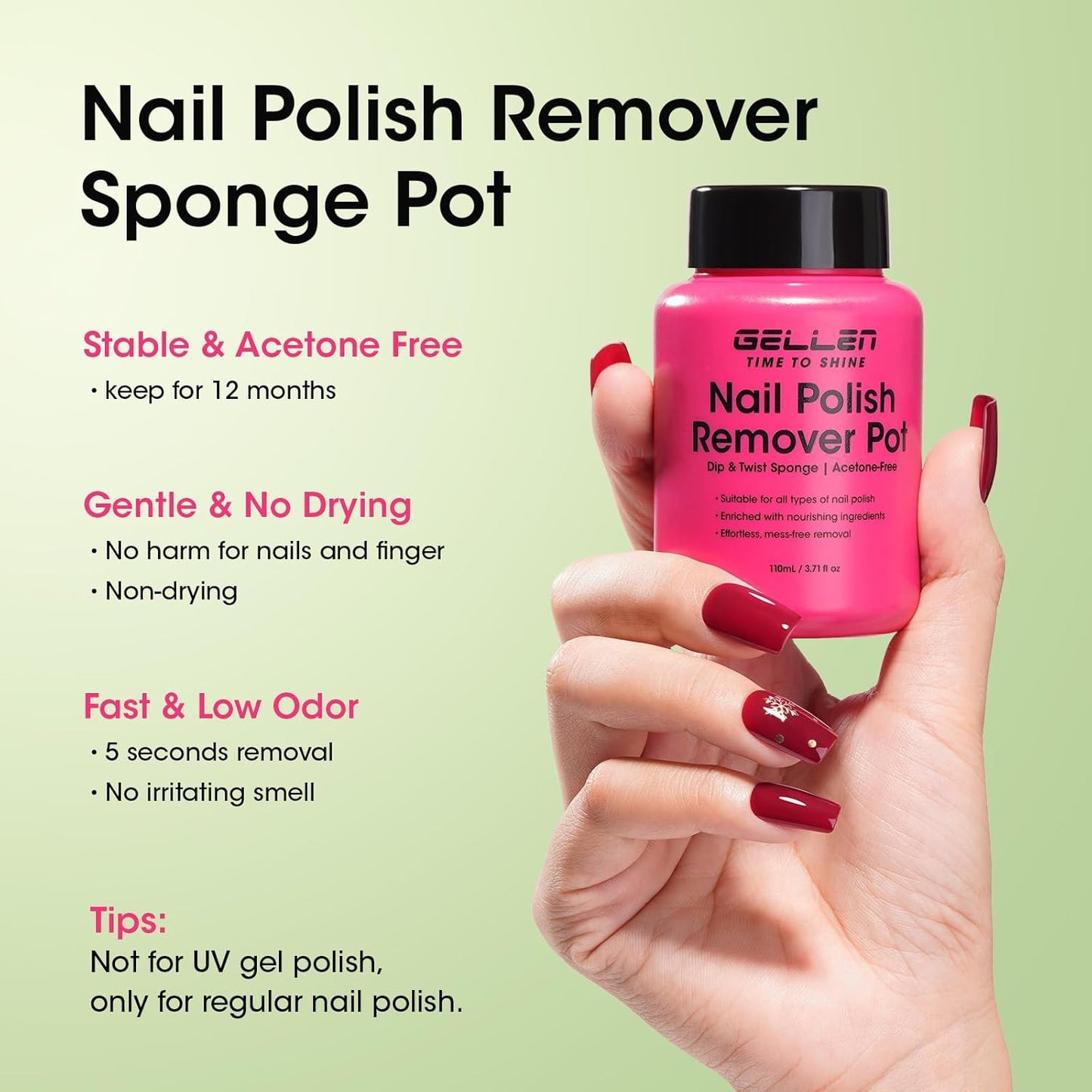 Gellen Nail Polish Remover, Dip Twist Sponge Nail Polish Remover Pot For Fingernail Toenail, Non-Acetone Fragrance Free, 5-9s Quick Removal, Jasmine Scent Non-drying Formula Shea Butter & Vitamin E
