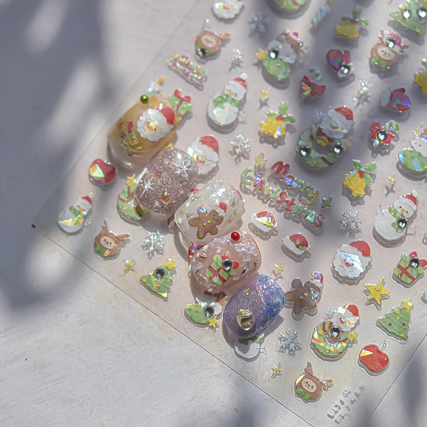 Christmas Day Nail Art Stickers 3D Self-Adhesive Cute Santa Claus Nail Art Decals for Acrylic Nails with Snowman Christmas Tree Designs Nail Sticker Winter Nail Supplies for Women DIY Manicure Decor