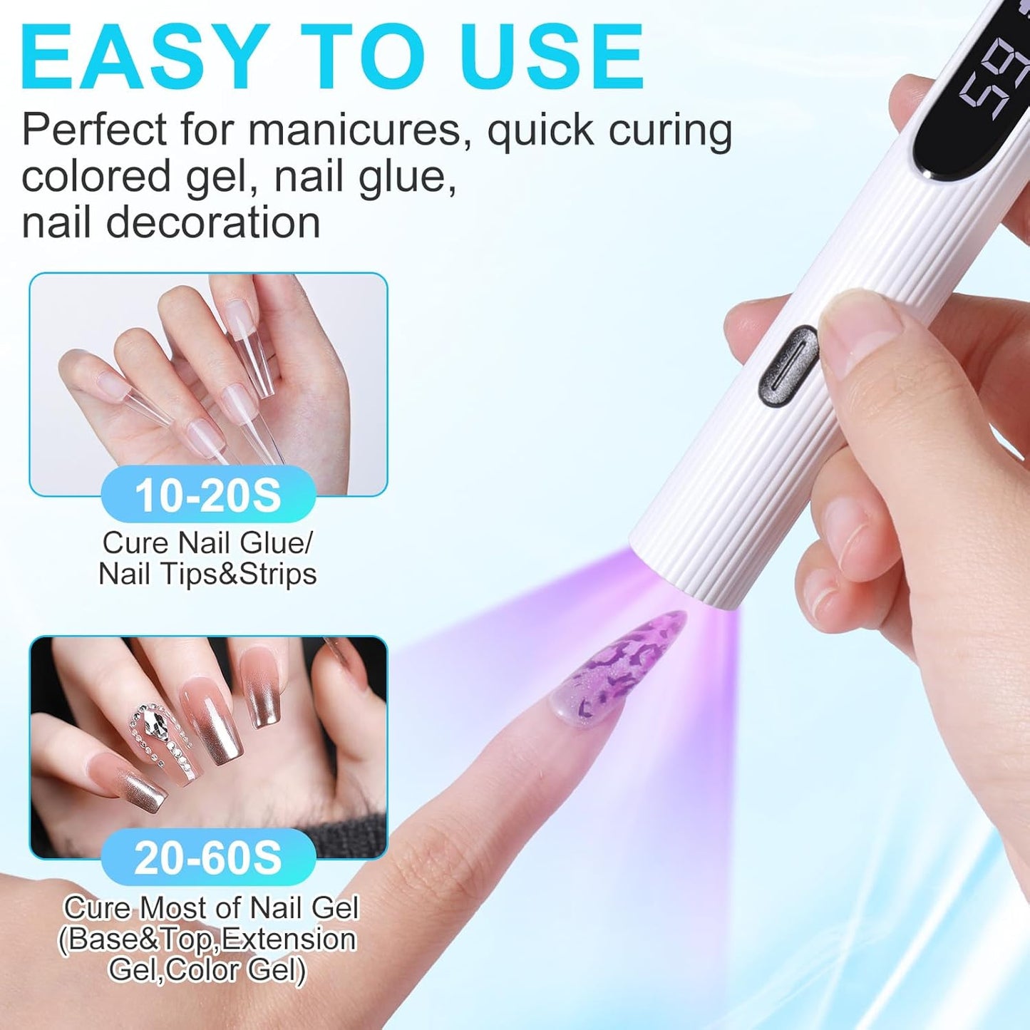 Handheld UV Light for Gel Nails, White Gel Light for Nails Cordless Nail Lamp Rechargeable with Led Display Lamp for Rhinestone Glue Decoration DIY at Home