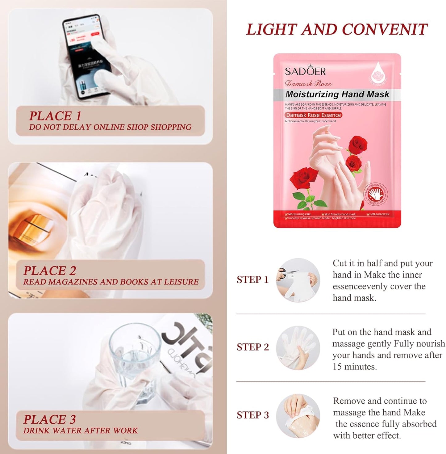 5 Pairs Hands Moisturizing Gloves, Damask Rose Hand Mask, Hand Skin Repair Renew Mask Infused Collagen, Vitamins Natural Plant Extracts for Dry, Aging, Cracked Hands