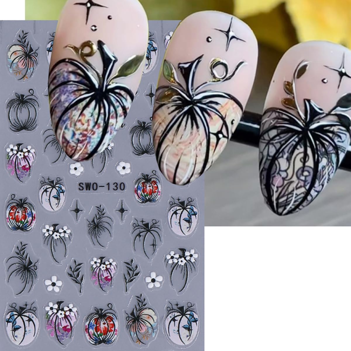 Fall Nail Stickers Halloween Pumpkin Nail Art Stickers Decals 3PCS 5D Engraved Leaf Flower Pumpkin Nails Design Self-Adhesive Fall Stickers Manicure Nail Art Supplies for Holiday DIY Nail Decorations