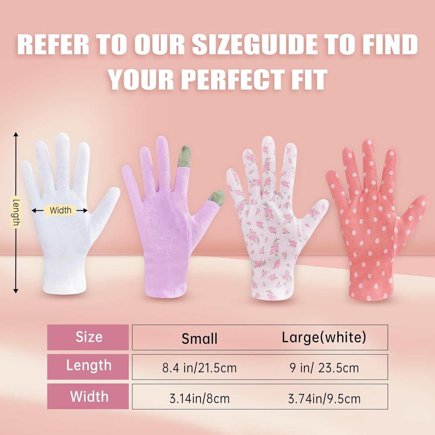 HandLove Premium 100% Cotton Gloves | Moisturizing Gloves for Dry Hands & Eczema | Overnight Sleeping Gloves, Eczema Gloves | White Floral Dots, 12 Pairs