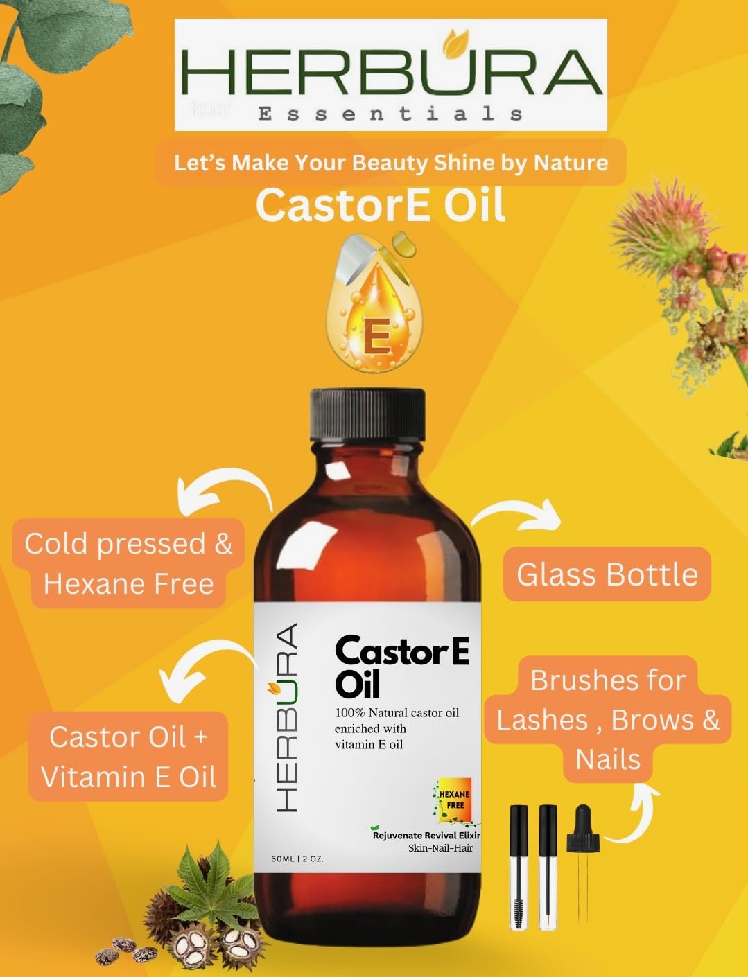 Natural Ricinoleic Acid | 100% Natural Cold Pressed Castor Oil Enriched with Vitamin E Oil for nourishing Hair-Nail-Skin, dropper and brushes included, 3 pieces