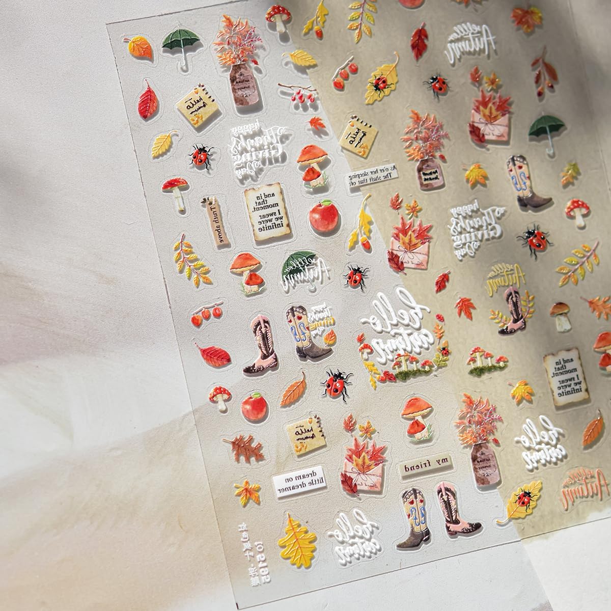 Fall Nail Art Stickers Decals 5D Embossed Red Maple Leaf Nail Decals Self-Adhesive Mushroom Apple Beetle Nails Design Autumn Stickers Thanksgiving Nails Art Supplies for Women DIY Manicure Decorations