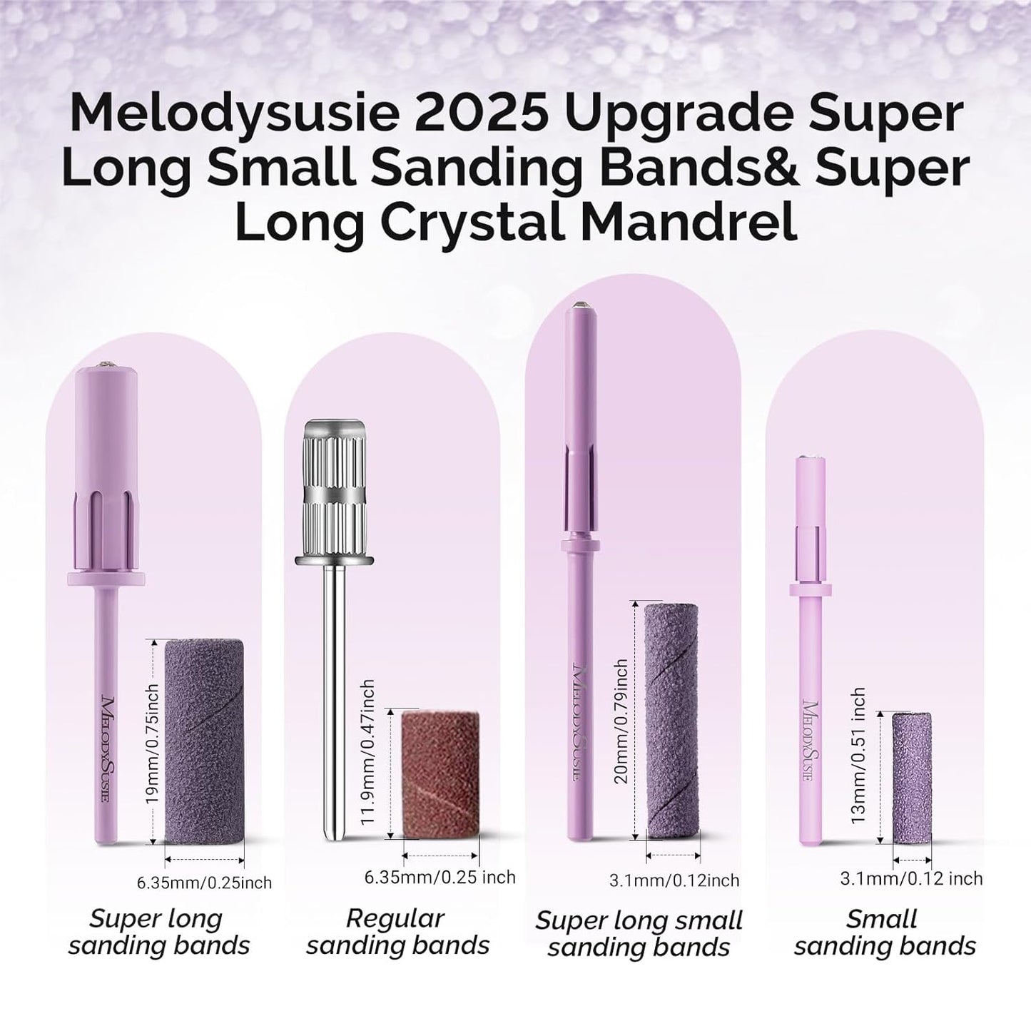 MelodySusie 50 Pcs Nail Drill Bits Super Long Small Sanding Bands with 3.1mm Crystal Mandrel Bit, 180 Fine Grit Nail File for Acrylic Nails Gel Manicures and Pedicure, Purple
