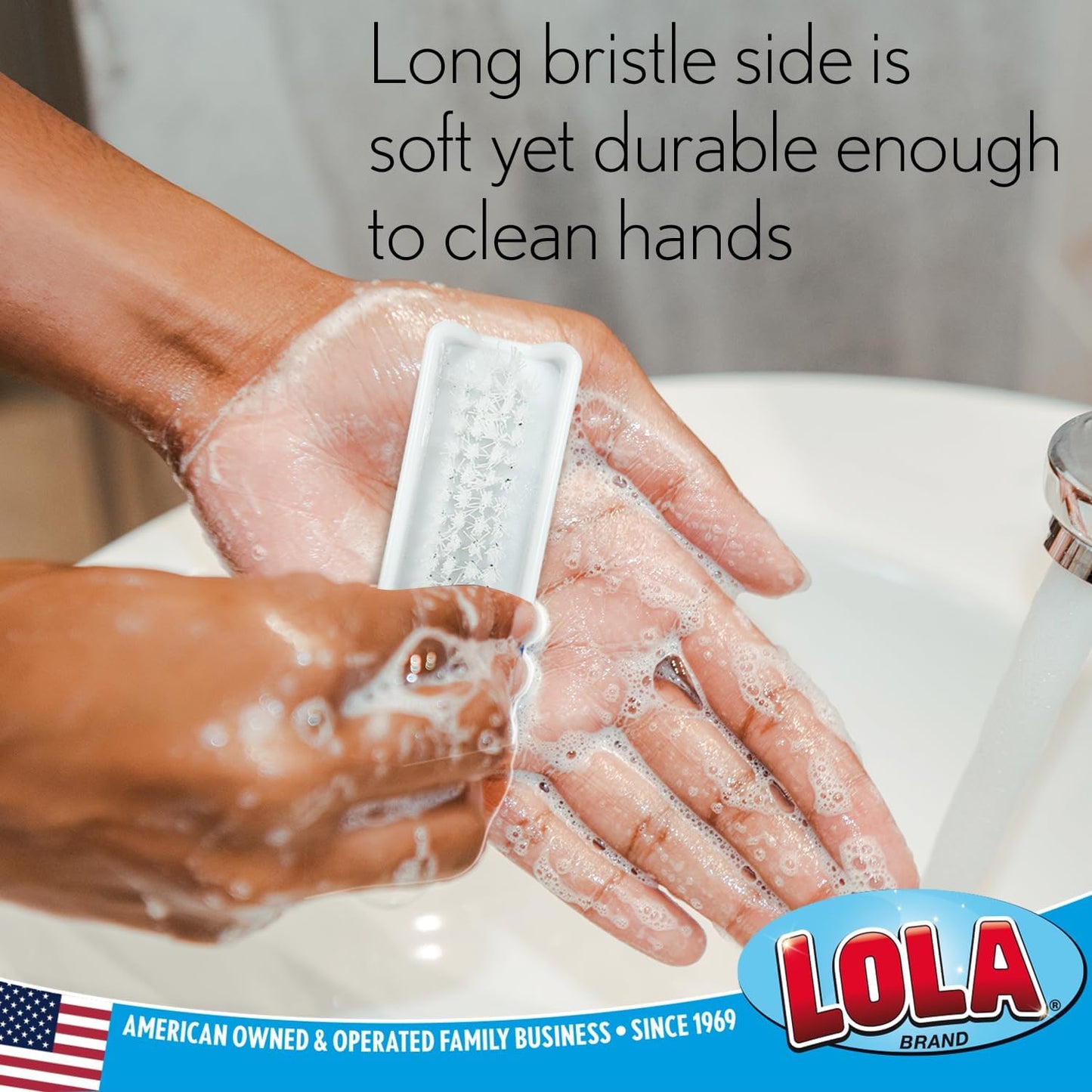 LOLA Classic Hand & Nail Brush, 2 Sided - 3 Pack, Soft & Stiff, Long-Lasting, Comfortable No-Slip Grip, Cleans Hands & Fingernails, White