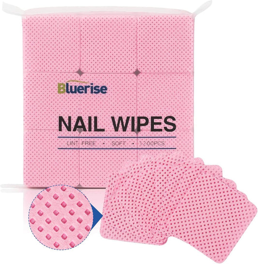 BLUERISE Lint Free Nail Wipes Pink 1200pcs Nail Polish Remover Pads Soft Absorbable Eyelash Extension Glue Cleaning Wipes