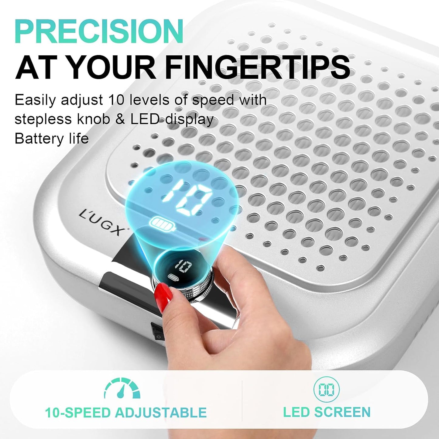 L'UGX Rechargeable Nail Dust Collector for Acrylic Nails, 10-Gear Professional Nail Vacuum Duster Extractor Cleaner With 2 Reusable Filters for Salon Use,Powerful