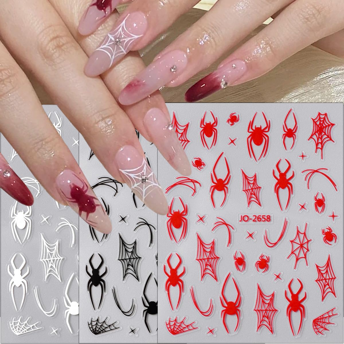 6 Sheets Halloween Spider Nail Stickers White Red Black Spider Web Nail Art Stickers 3D Self-Adhesive Horror Spiders Nail Decoration Scary Halloween Nail Decals for Women Girls Nail Art Designs