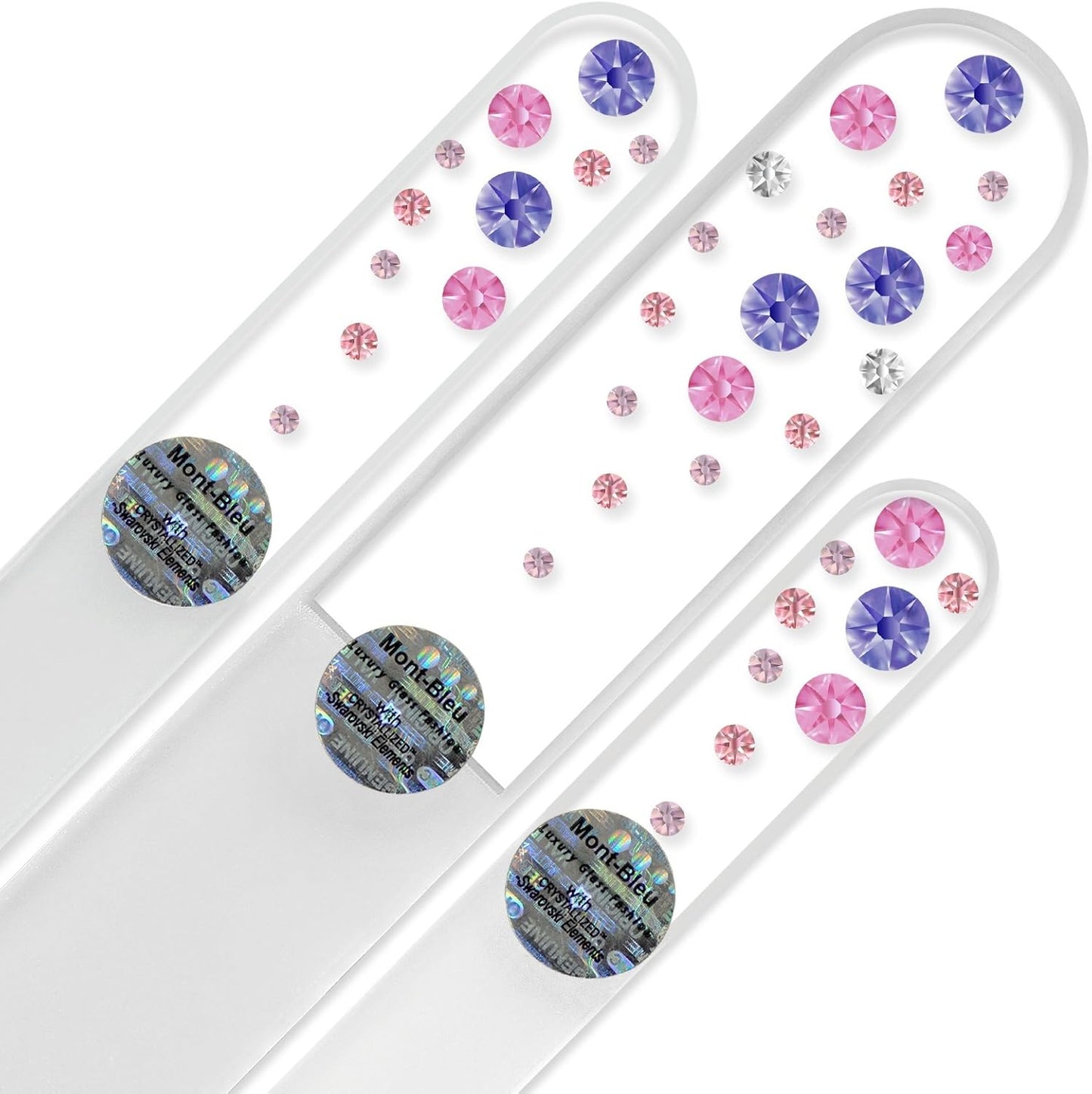 Mont Bleu Set of 3 Glass Nail Files Hand Decorated with Crystals - Handmade - Czech Tempered Glass
