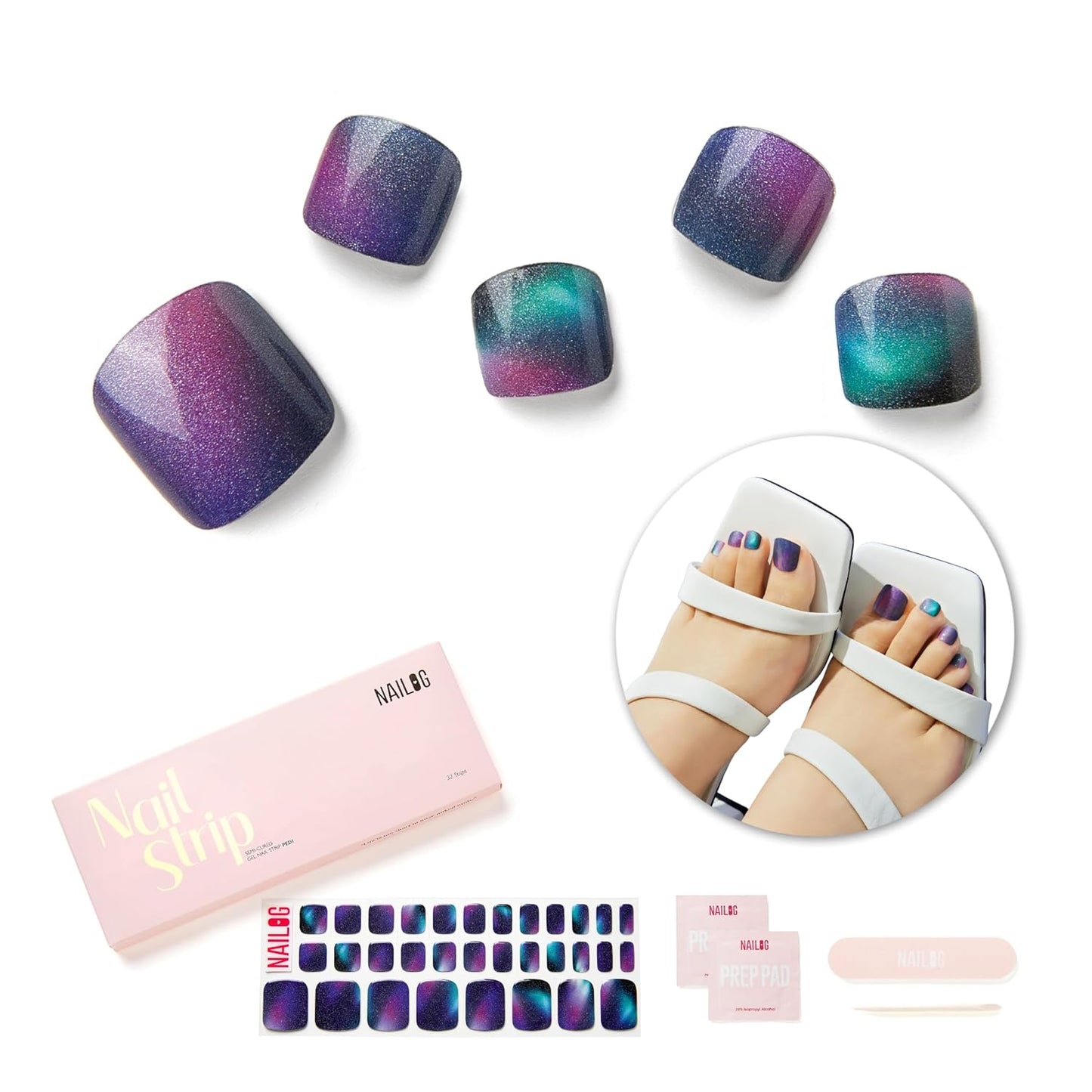 NAILOG Semi Cured Gel Nail Strips, Toe Nail Polish Strips with Glossy Gel Finishing | Buy 3 Get 1 UV Lamp| 32 Pieces Long Lasting Pedi Stickers | Aurora