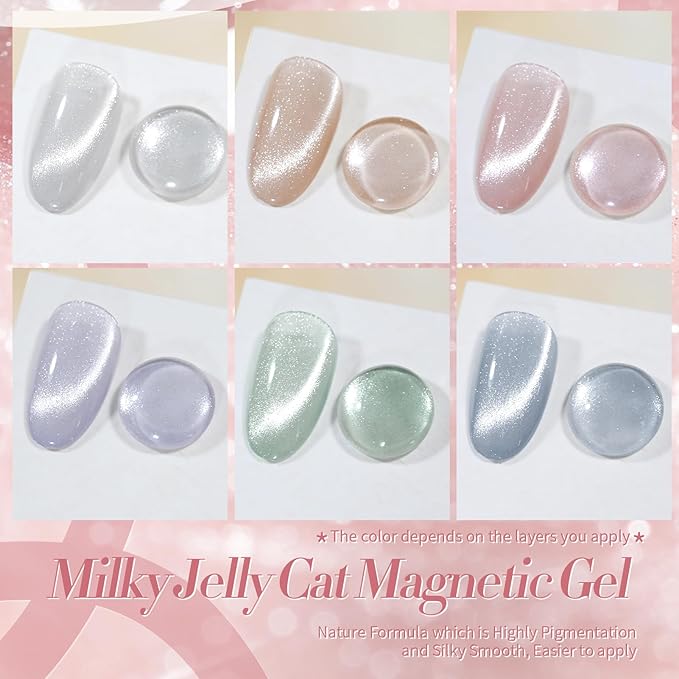 Born Pretty Cat Magnetic Eye Gel Nail Polish, Pastel Milky Cat Magnetic Gel Pastel Blue Green Purple Pink Nude Silver Nail Art Gel Manicure Salon DIY Gifts 7ML 6PCS