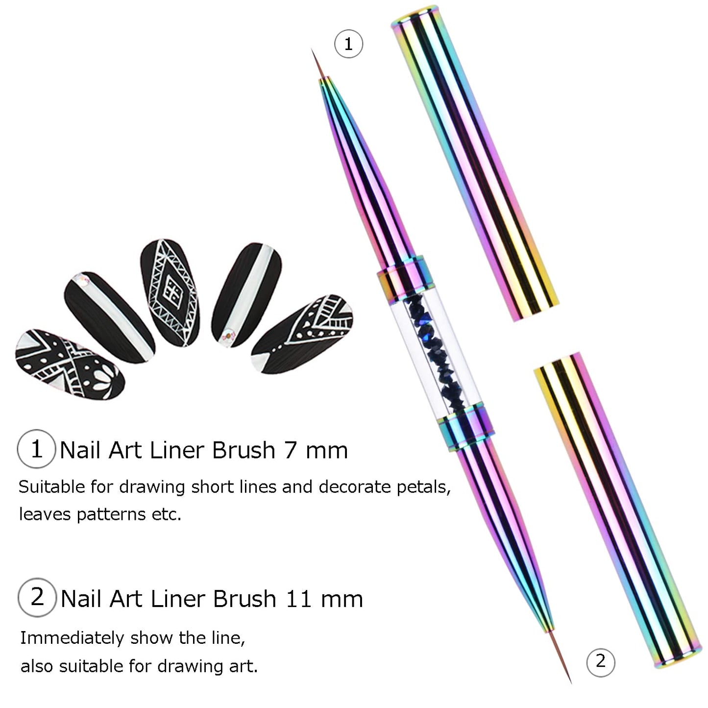 2Pcs Dual-ended Nail Design Brushes Rhinestone Handle UV Gel Nail Brush Set Professional Nail Art Tools Rainbow
