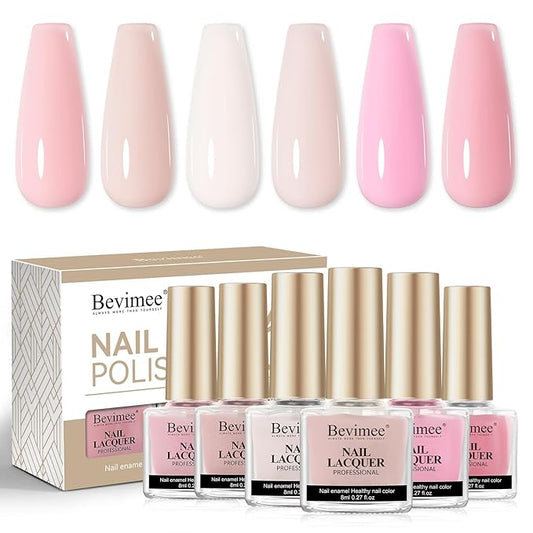 Nude Nail Polish Set: Quick Dry Nail Lacquer Non Ge Regular Sheer Colors White Nude Light Pink Natural Fingerpolish Fast Drying DIY Salon Gift For Women, 6 Colors 8lm/0.27fl.oz