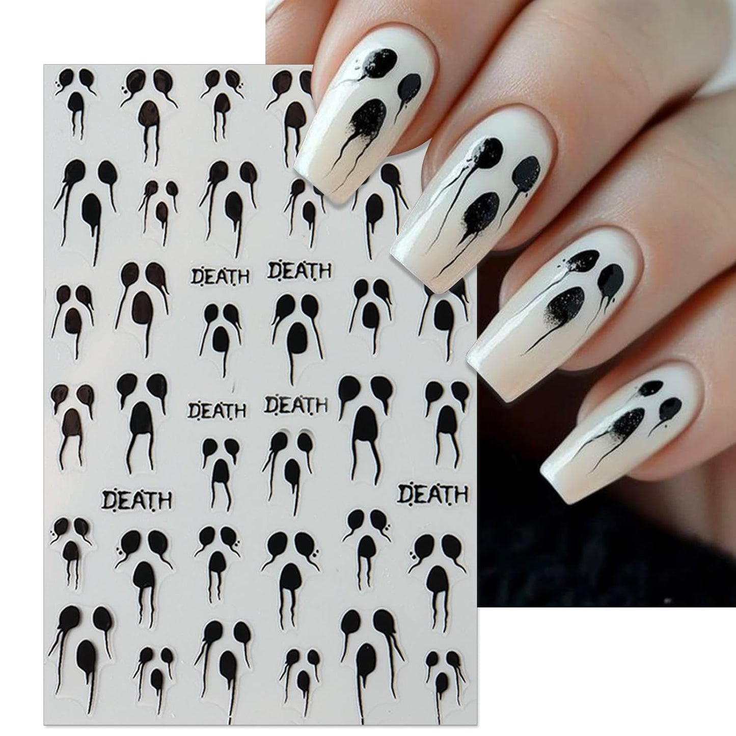 Halloween Horror Nail Stickers, Death Terrifying Face Butterflies Skull Self-Adhesive 3D Nail Art Decals for DIY Black Spider Web Manicure (6 Sheets)