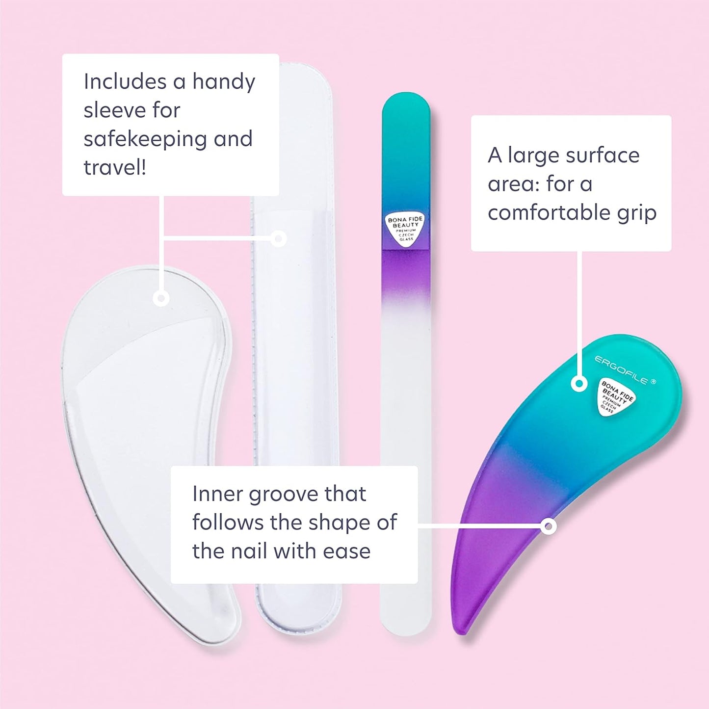 Bona Fide Beauty Ergonomic Nail File Set - 2PC Czech Glass Ergofile Set for Natural Nails and Acrylic Nails (Pastel Green and Violet)