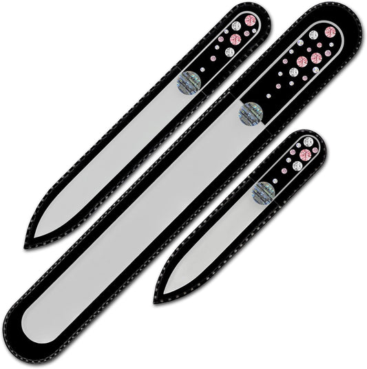 Mont Bleu Set of 3 Glass Nail Files Hand Decorated with Crystals - Handmade - Czech Tempered Glass