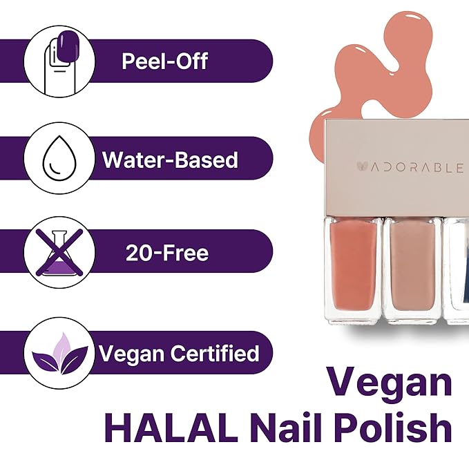 Water-base Vegan Nail Polish 3pcs in set (2 Colors + Clear Top Coat), Eco-friendly Halal-Certificated Non-toxic Breathable Peel Off Peach & Pale Peach color (No 13 Peach Rose, 0.51 fl oz)