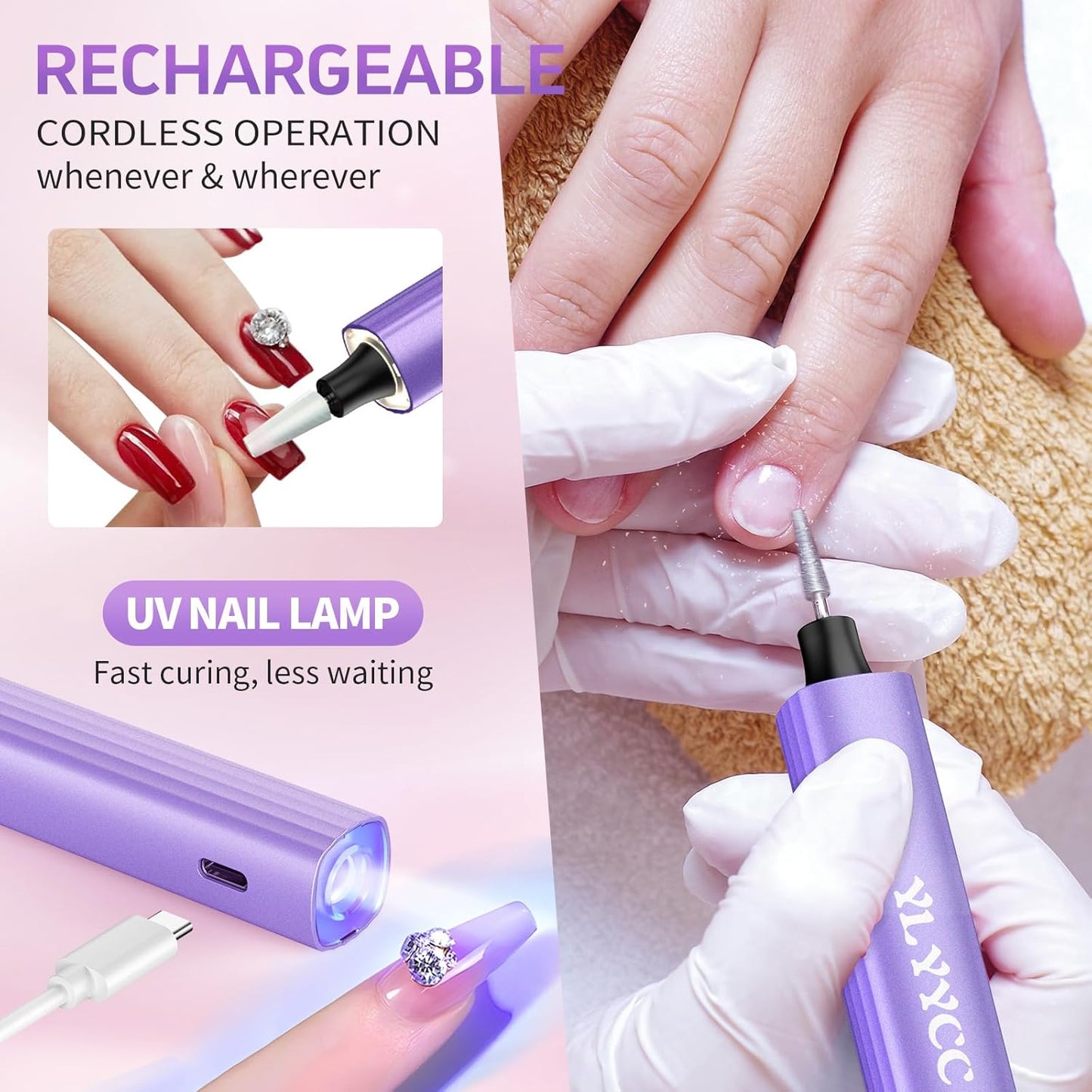 Electric Nail Drill Cordless Nail File with UV Lamp:Professional for Acrylic Gel Dip Powder Nails Portable Nail Kit Machine for Women Girl Manicure Pedicure Nail Set Rechargeable Lightweight