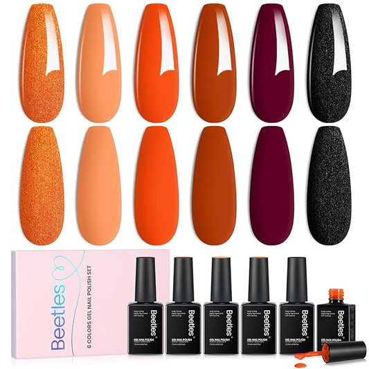 Beetles Fall Gel Polish Set - Burnt Orange Gel Polish Autumn Leaves Collection, Brown Burgundy Glitter Black Colors Nail Art Soak Off Uv LED Nail Kit Minicure DIY Home Halloween Gifts for Women