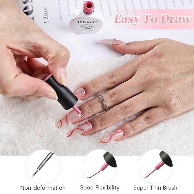 JODSONE 10ml Art Gel Liner Dark Pink Gel Nail polish with Thin Brush Salon Design Gift for Girls Need U V Light Cured